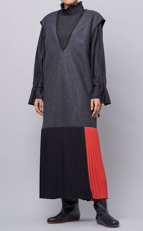 ウール混プリーツ切替ワンピース