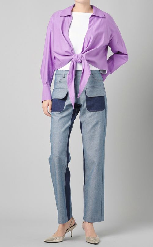 オープンシャツカラーショートブラウス