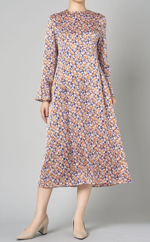 フラワープリントフレアカフスワンピース