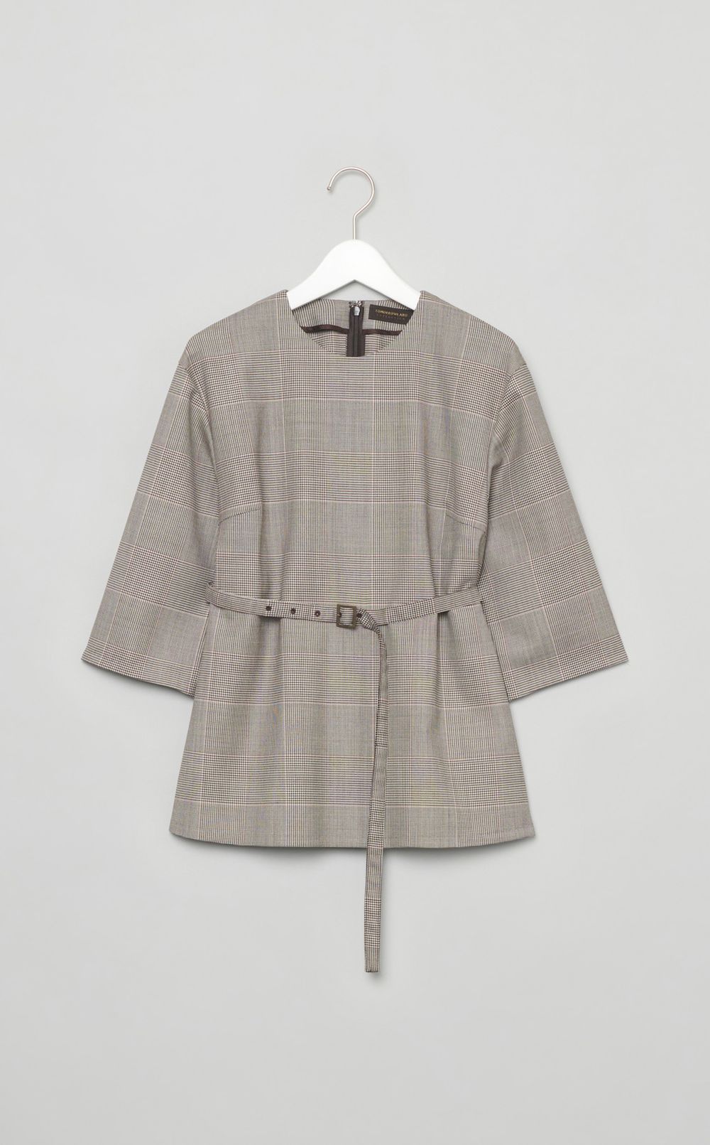 チェックベルティッドペプラムブラウス