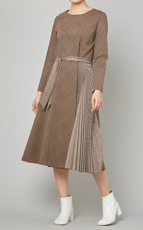 ベルト付チェックプリーツワンピース