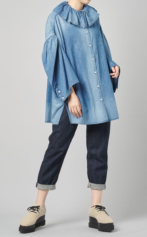 襟フリルデニムシャツ