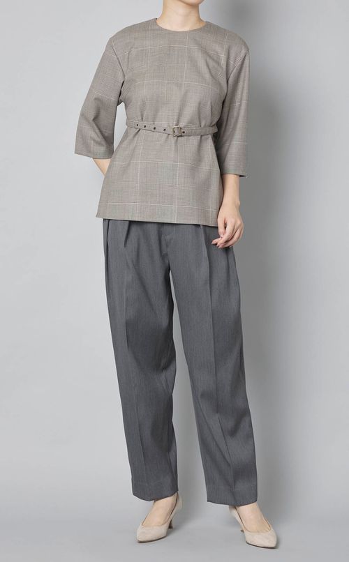 チェックベルティッドペプラムブラウス