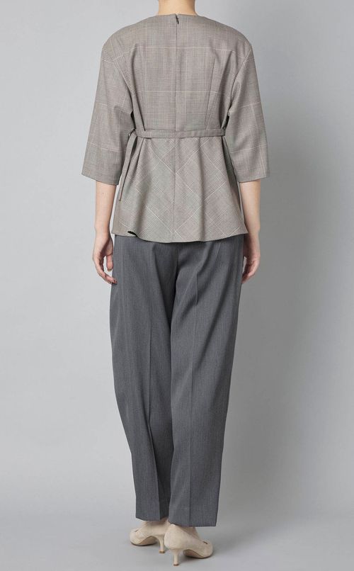 チェックベルティッドペプラムブラウス