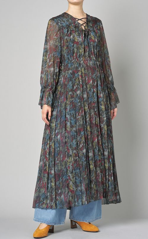 プリントジョーゼットプリーツロングドレス