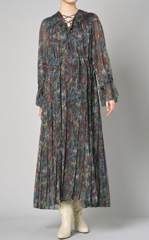 プリントジョーゼットプリーツロングドレス