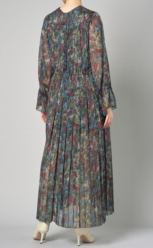 プリントジョーゼットプリーツロングドレス