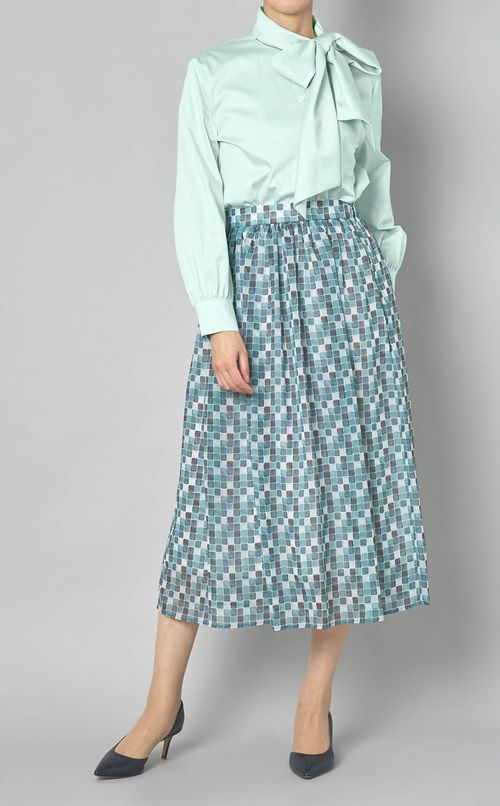 コットンサテンボウタイギャザーブラウス