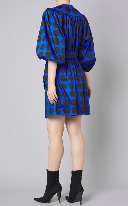 ドットパフスリーブコットンサックドレス