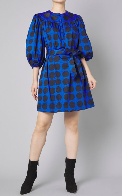 ドットパフスリーブコットンサックドレス