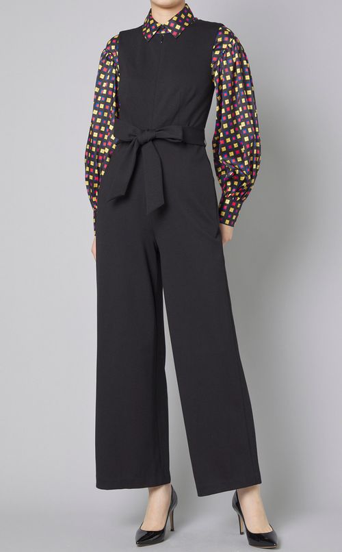 スリーブレスウエストリボンジャンプスーツ