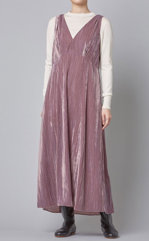 Vネックピンタックベロアワンピース