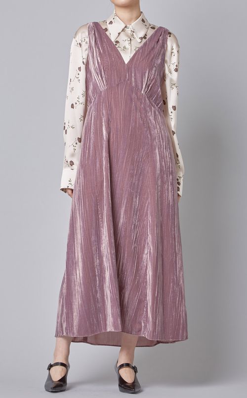 Vネックピンタックベロアワンピース