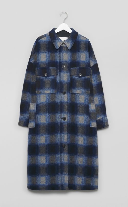 ウールチェックロングシャツコート