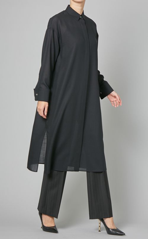 ウール混タックスリットシャツワンピース