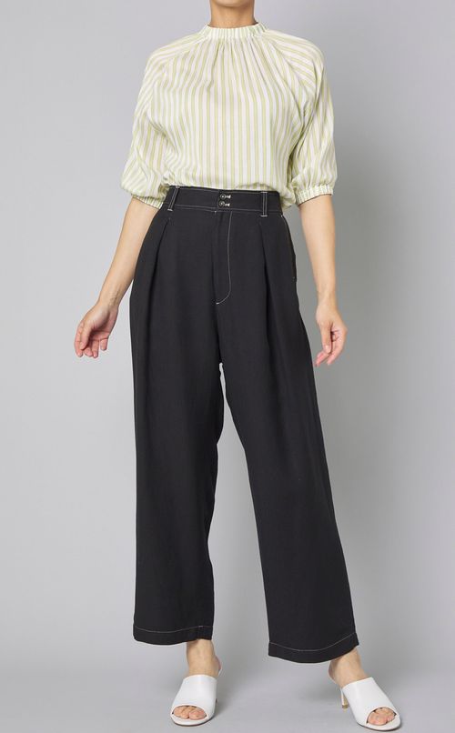 リネン混フロントタックパンツ