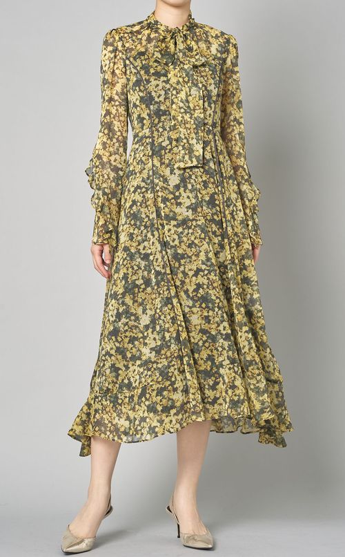 プリントボウタイシフォンワンピース