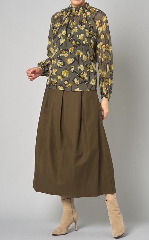 リーフプリントカフギャザーブラウス