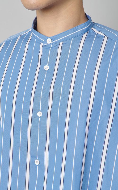 コットンストライプバンドカラーシャツ