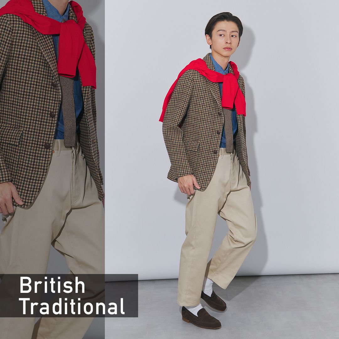 ツイードジャケットにシャンブレーシャツとチノパンを合わせたブルトラスタイル