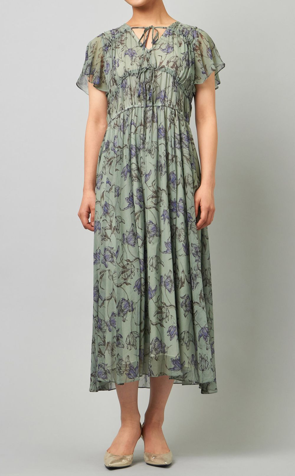 フラワープリントギャザーワンピース