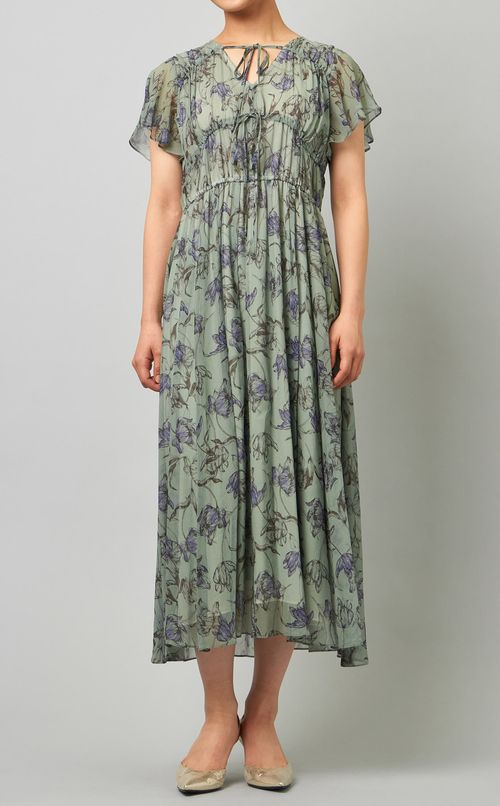 フラワープリントギャザーワンピース