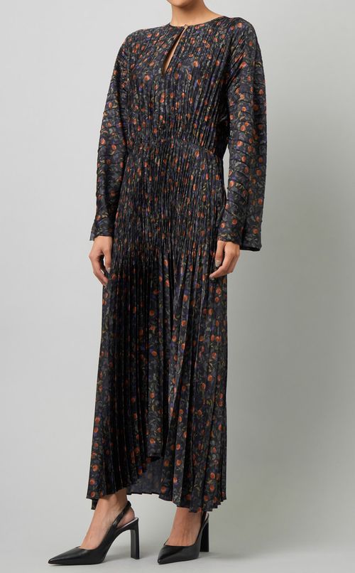 フラワープリントプリーツロングワンピース