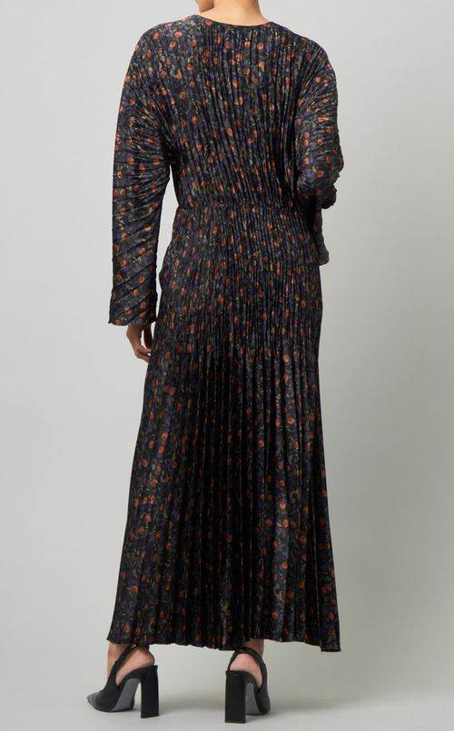 フラワープリントプリーツロングワンピース