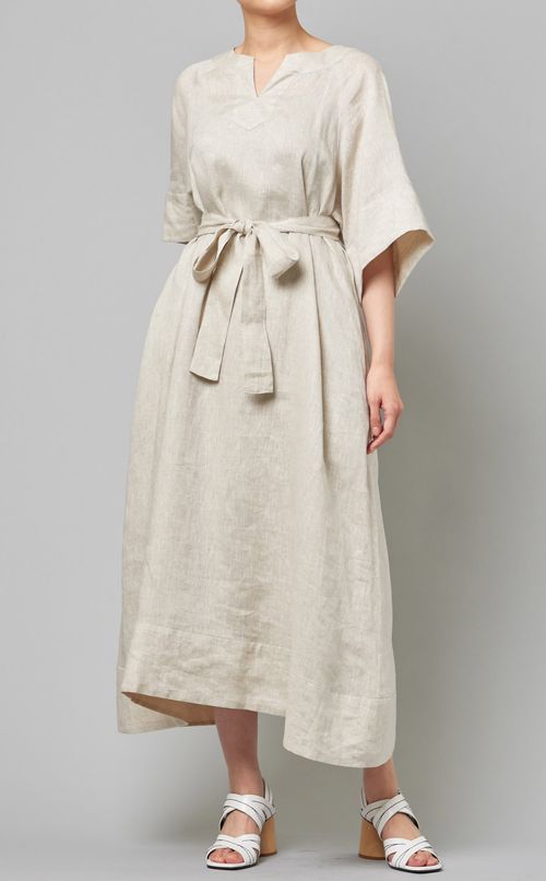 キーネックリネンワンピース