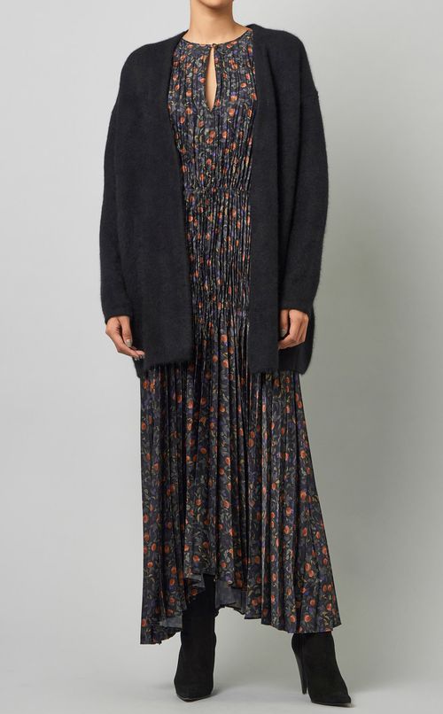 フラワープリントプリーツロングワンピース