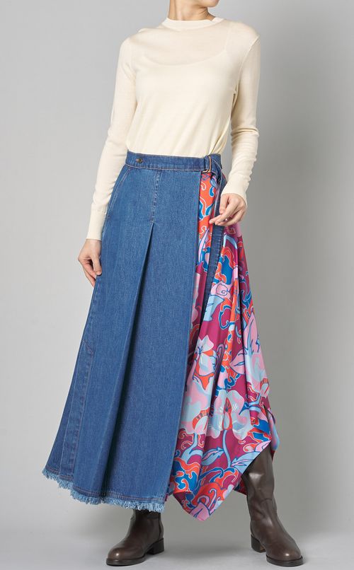 プリントコンバインデニムラップスカート