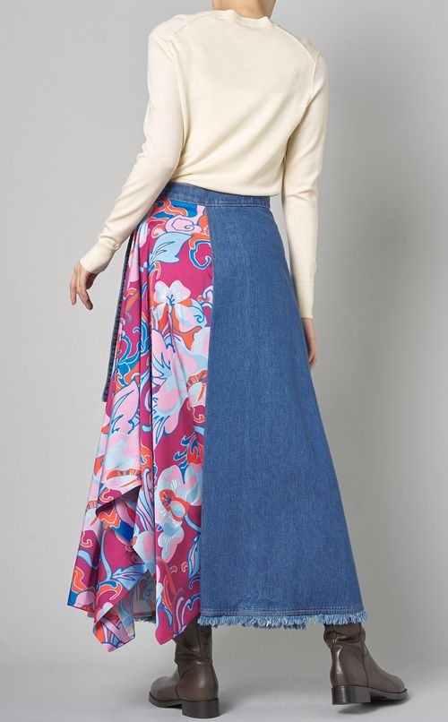 プリントコンバインデニムラップスカート