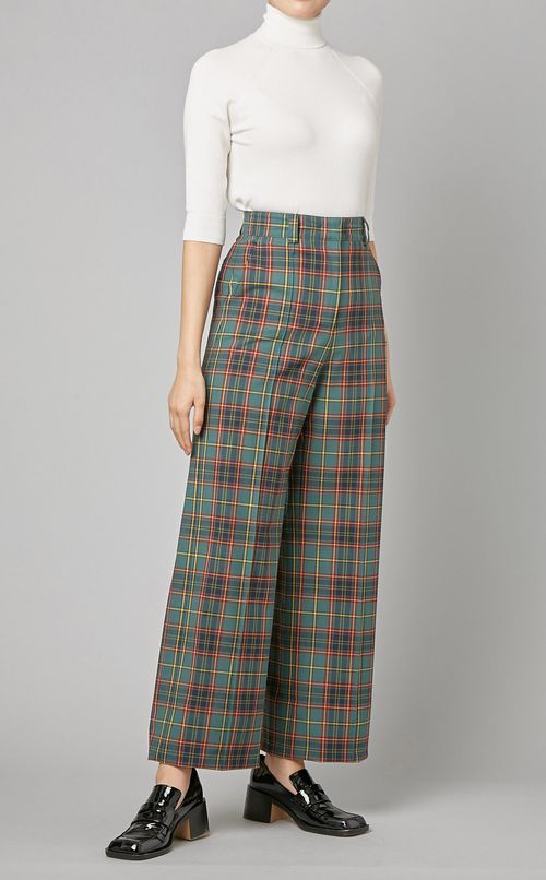 ウール混チェック柄ワイドパンツ