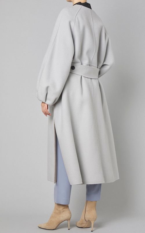 ベルト付ノーカラーロングコート