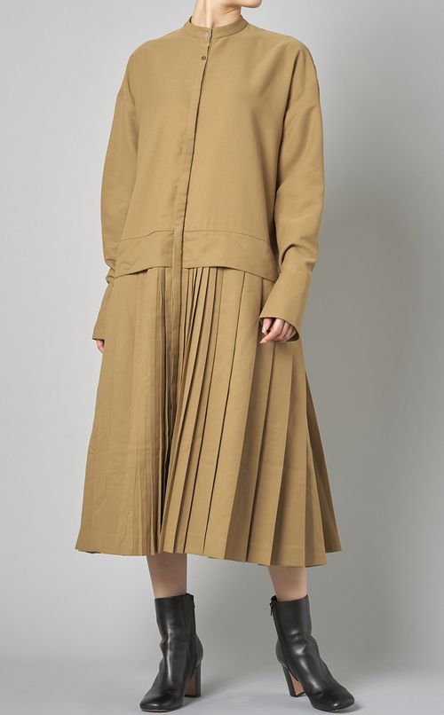 プリーツ切替シャツワンピース