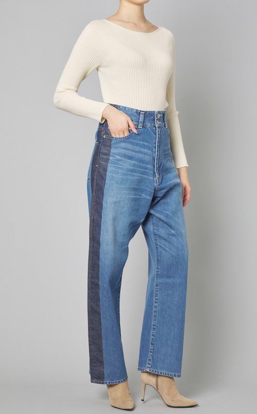 ハイウエスト側章ディテールデニムパンツ