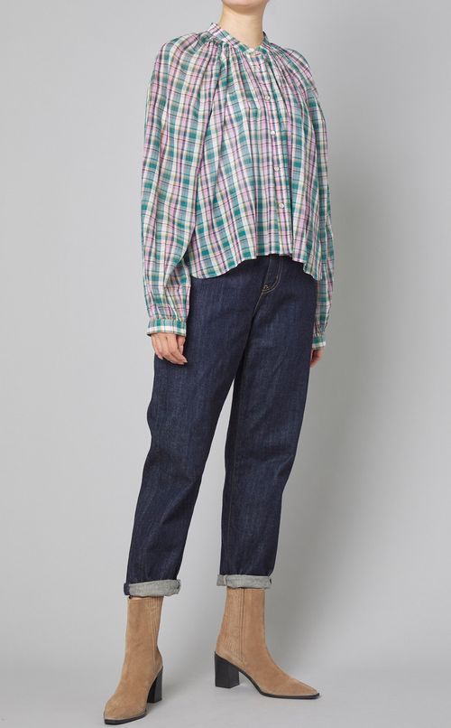 スタンドカラーギャザーチェックブラウス