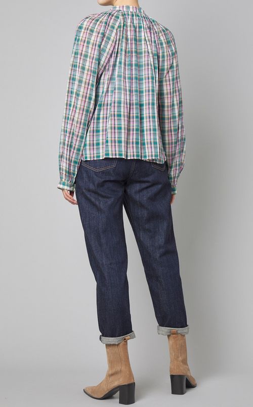 スタンドカラーギャザーチェックブラウス