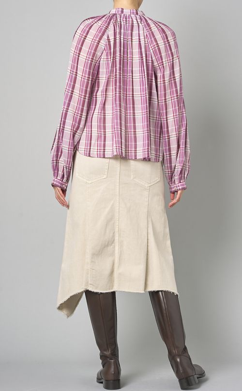 スタンドカラーギャザーチェックブラウス