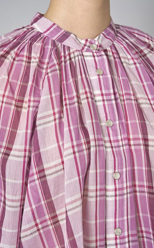 スタンドカラーギャザーチェックブラウス