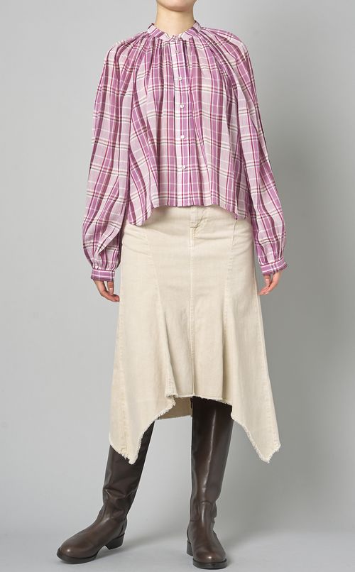 スタンドカラーギャザーチェックブラウス