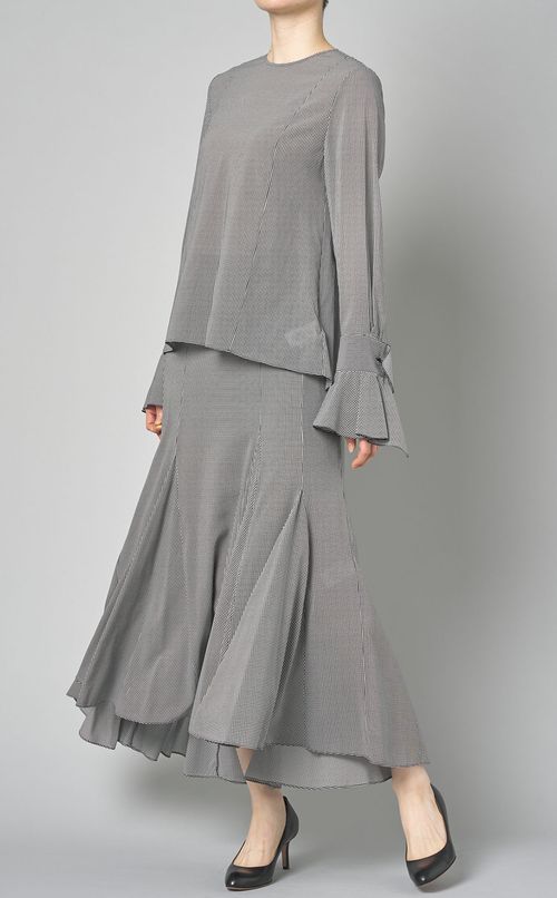 フレアカフスチェックブラウス