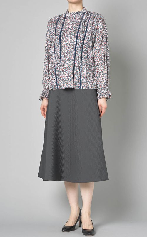 プリントスタンドギャザーネックシャツ