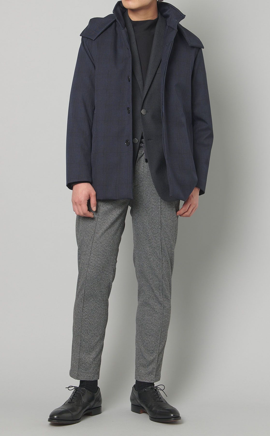 【ネイビー】グレンチェックボンディングスタンドショートコート MEN'S MELROSE｜グレンチェックスタンドショートコート
