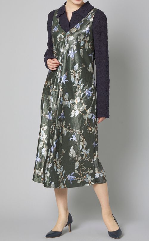 ベルフラワープリントノースリーブドレス