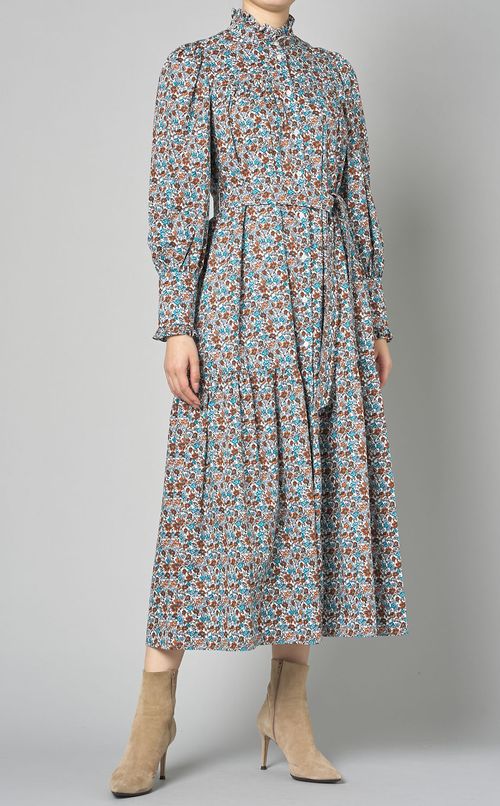 フラワープリントギャザーワンピース