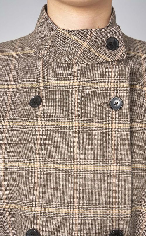 スタンドネックチェックロングコート