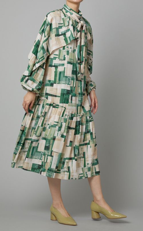 ボウタイプリントミディワンピース