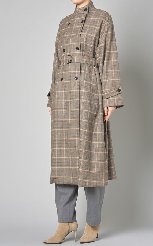 スタンドネックチェックロングコート