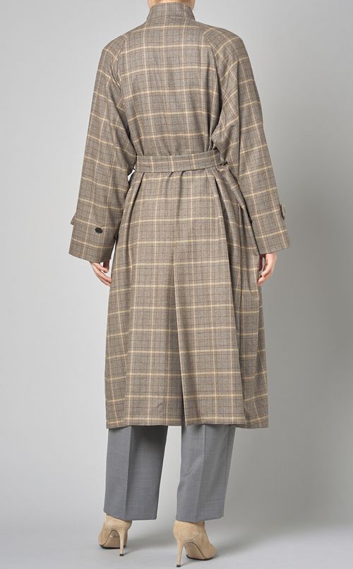 スタンドネックチェックロングコート